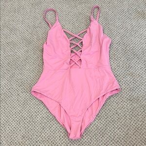 Pink One-Piece Swimsuit with Crisscross Front